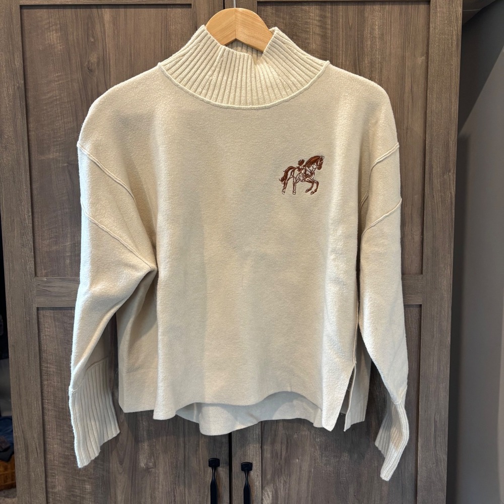 Maeve Anthropologie Embroidered Horse Mock Neck Sweater Cream Ivory Small